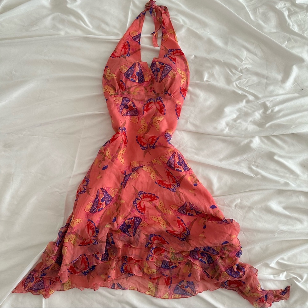 Vintage Orange Pink Asymmetrical Halter Sundress - Picture 1 of 8